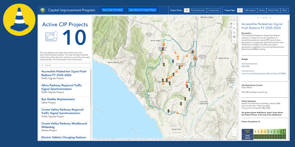 GIS map dashboard showing 10 active Capital Improvement Program projects across Laguna Niguel.