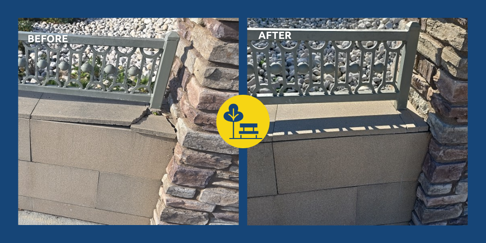 Before-and-after photos of stone repair at Crown Valley Park entrance bridge