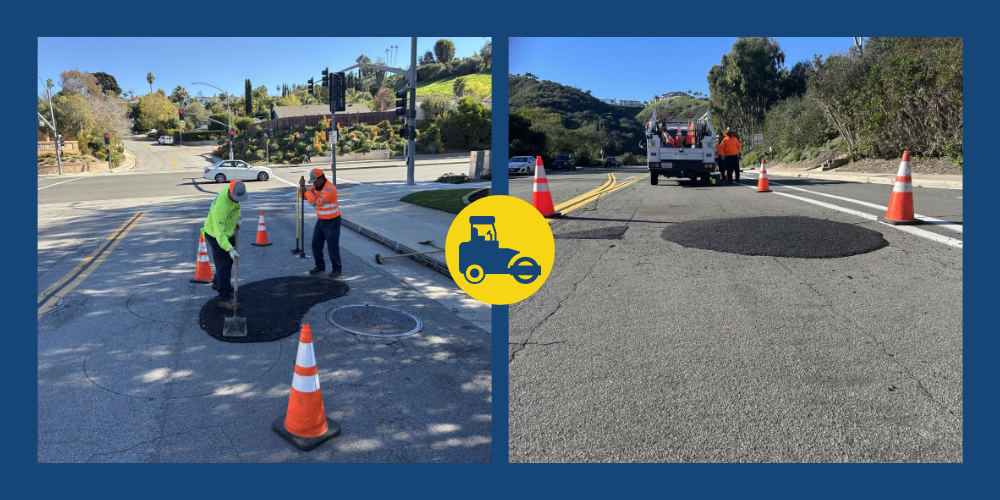 City Contractor repairing potholes on a roadway using asphalt and traffic cones