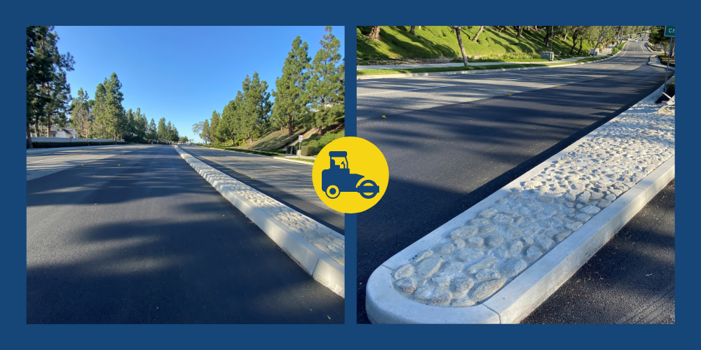 Close-up view of improved cobblestone median at Golden Lantern and Serenity Lane