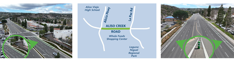 Green Conflict Zone Striping and plastic bollards on Aliso Creek Rd website