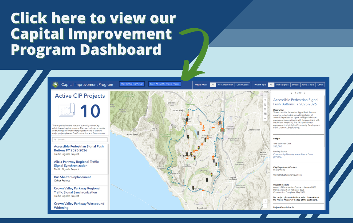 Graphic linking to Laguna Niguel Capital Improvement Program Dashboard with map of active projects.